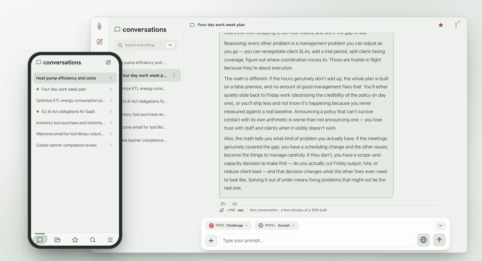Challenge mode pushing back on a four-day work week plan, with the conversation list on a phone alongside