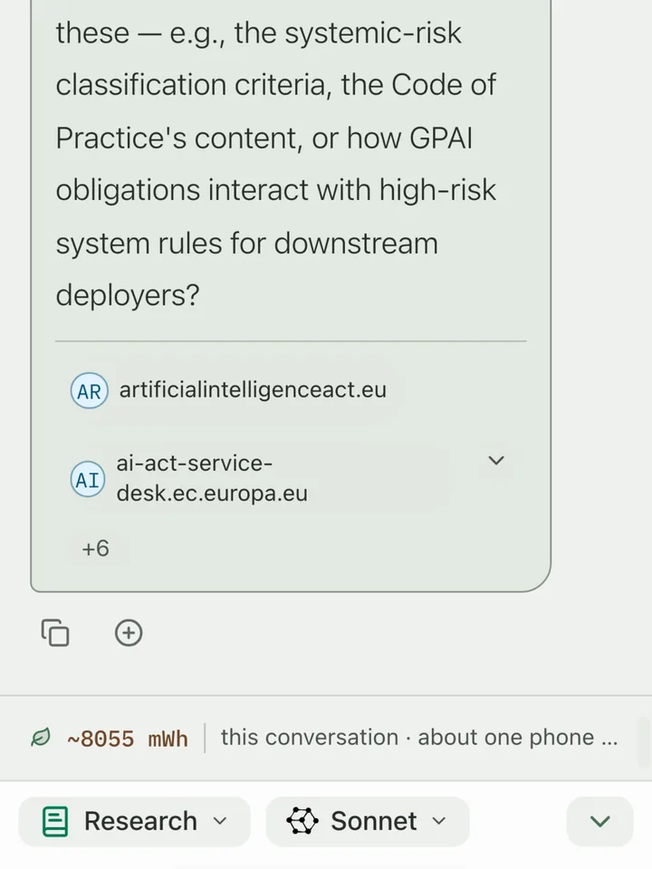 A research answer with its sources, and the energy the conversation used shown under the reply