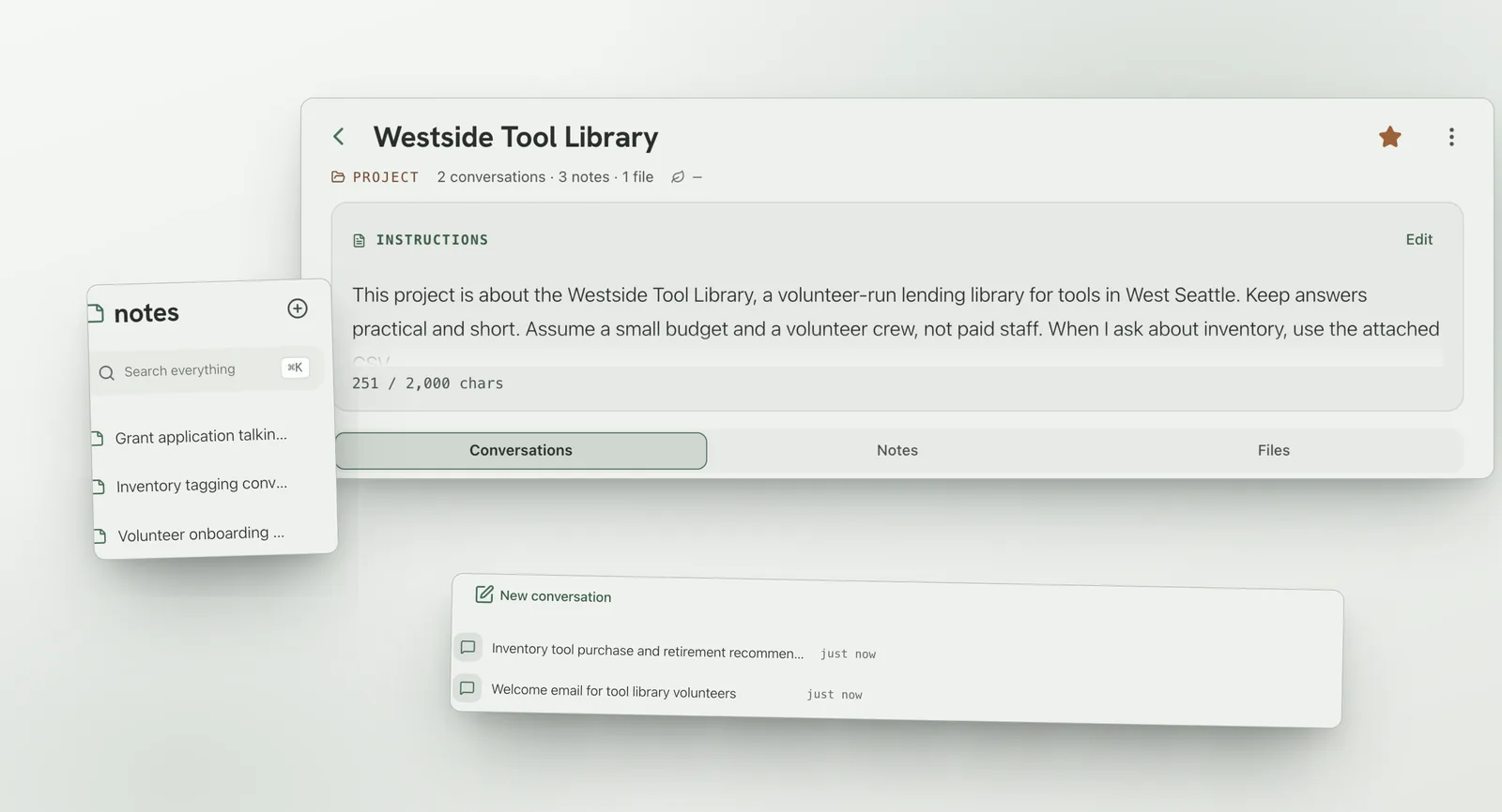 A project workspace for a volunteer tool library: its standing instructions on a laptop, with the project's notes and conversations as overlapping cards