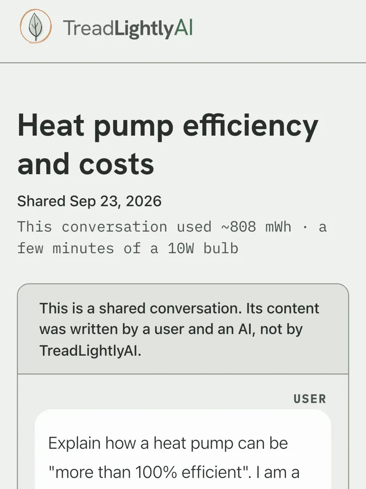 A conversation shared as a public web page, with a note saying its content was written by a user and an AI